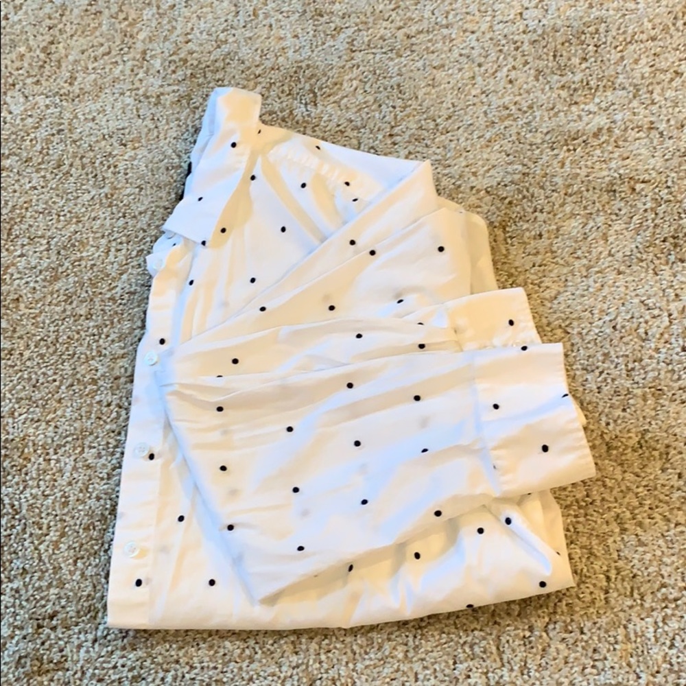 Talbots white button down with navy polka dots